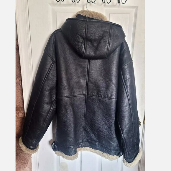 VTG Sheepskin Shearling B3 Hooded Flight Bomber Jacket Handmade Leather Men's L - Picture 10 of 16